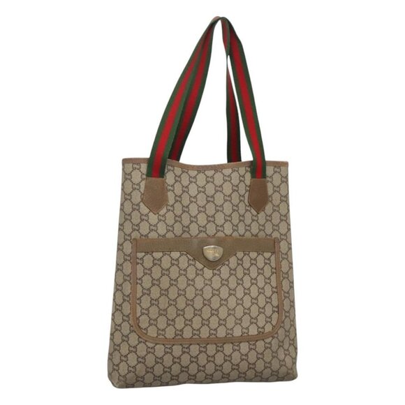 GUCCI GG Plus Supreme Web Sherry Line Tote Bag PVC Beige Gold Auth bs24521 - Picture 1 of 16